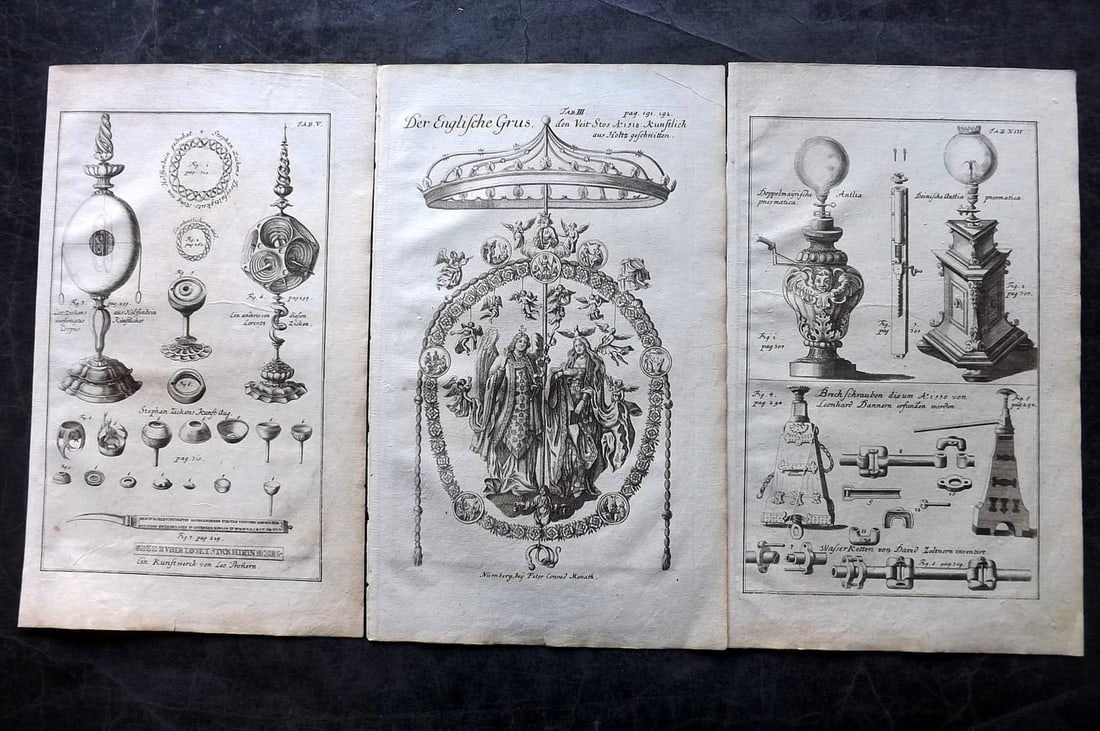 Doppelmayr, Johann Gabriel 1730 Lot of 3 Folio Architecture/Science Prints: Copper Plate Published 1730 Nuremberg, for "Historische Nachricht Von Den Nurnbergischen Mathematicis Und Kunstlern" by Johann Gabriel Doppelmayr. Paper Size: 14 x 8.5 inch (36 x 22cm) Good Condition