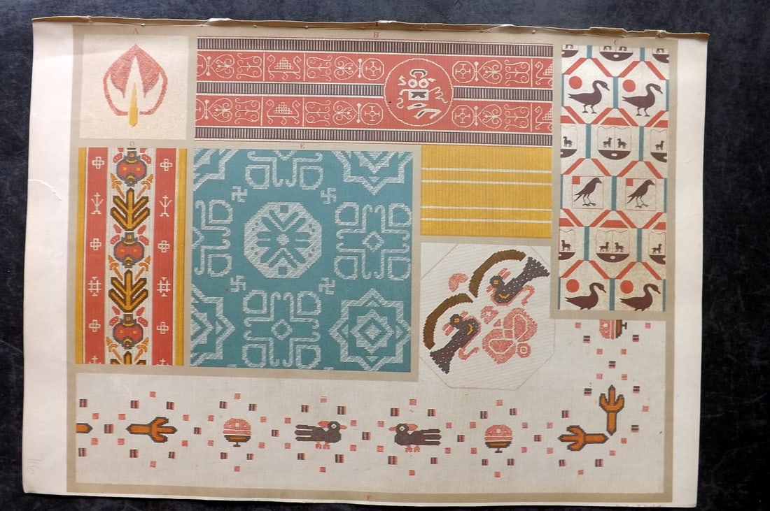 Fischbach, Frederick 1884 Folio Textile Print. Ancient Egypt 01: Folio Chromolithograph Published 1882-84, London for "Ornament of Textile Fabrics" by Frederick Fischbach. Scarce. Paper Size: 17 x 12 inch (43 x 30cm) Good Condition