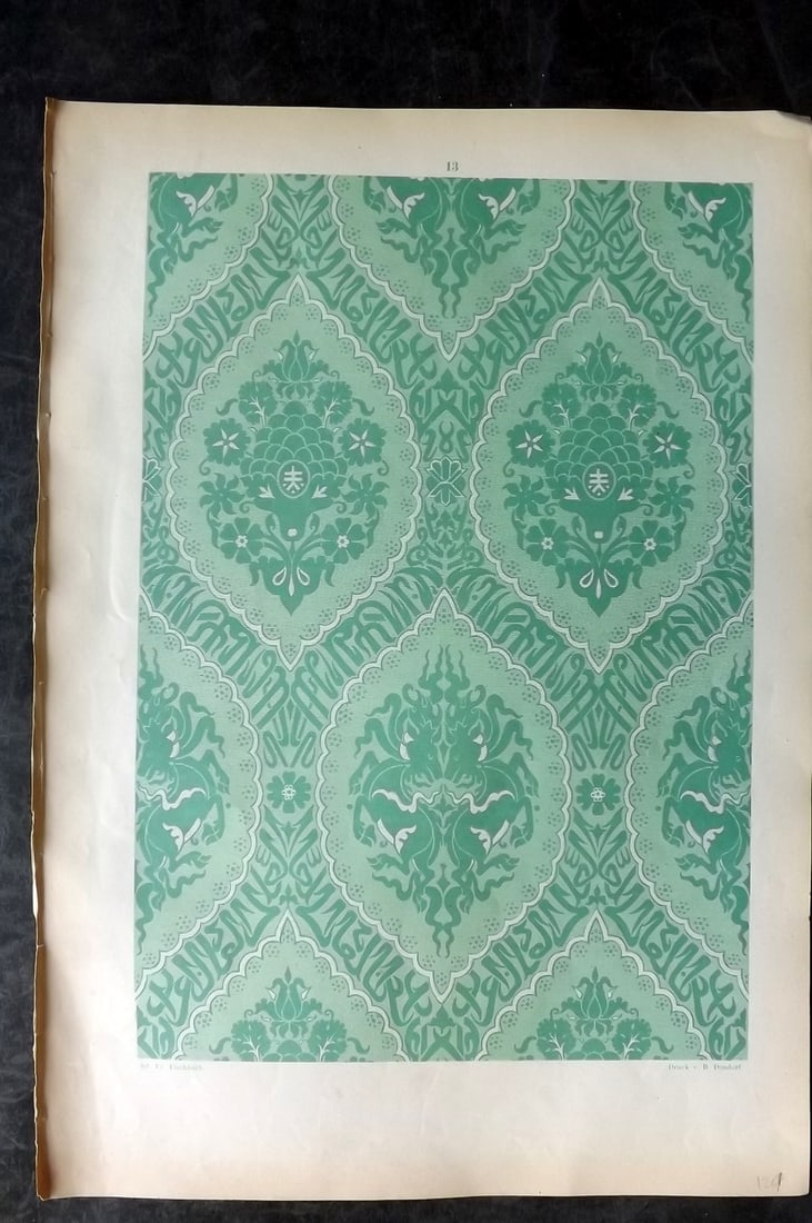 Fischbach, Frederick 1884 Folio Textile Print. Indian Gold Tissue of the 14th Cent 13: Folio Chromolithograph Published 1882-84, London for "Ornament of Textile Fabrics" by Frederick Fischbach. Scarce. Paper Size: 17 x 12 inch (43 x 30cm) Good Condition