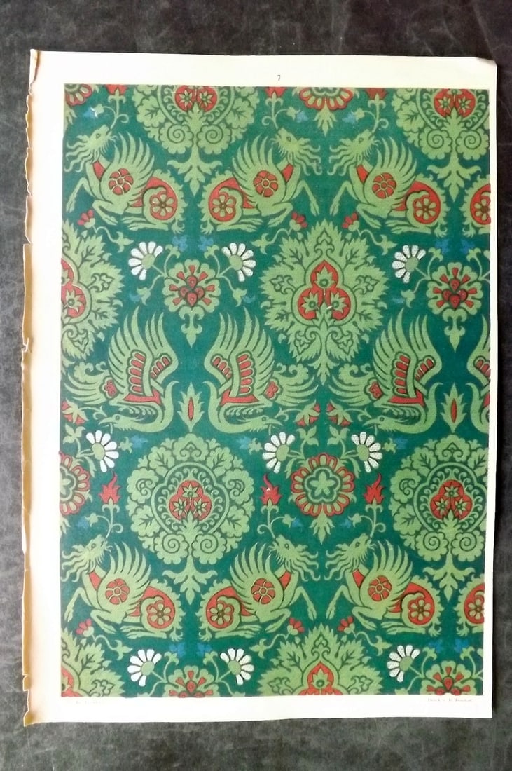 Fischbach, Frederick 1884 Folio Textile Print. Lucca Fabric of the 13th/14th Cent 7: Folio Chromolithograph Published 1882-84, London for "Ornament of Textile Fabrics" by Frederick Fischbach. Scarce. Paper Size: 17 x 12 inch (43 x 30cm) Good Condition