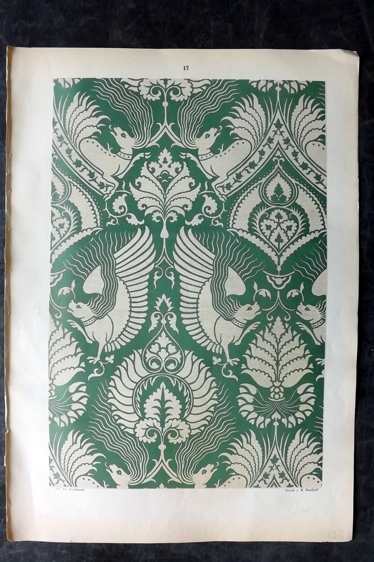 Fischbach, Frederick 1884 Folio Textile Print. Lucca Gold Tissue of the 13th & 14th Cent. 17: Folio Chromolithograph Published 1882-84, London for "Ornament of Textile Fabrics" by Frederick Fischbach. Scarce. Paper Size: 17 x 12 inch (43 x 30cm) Good Condition