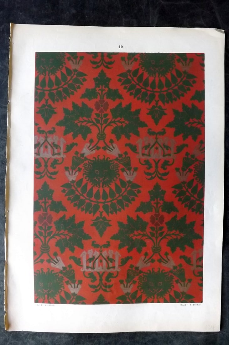 Fischbach, Frederick 1884 Folio Textile Print. Palermitan Fabric of the 12th-14th Cent. 19: Folio Chromolithograph Published 1882-84, London for "Ornament of Textile Fabrics" by Frederick Fischbach. Scarce. Paper Size: 17 x 12 inch (43 x 30cm) Good Condition