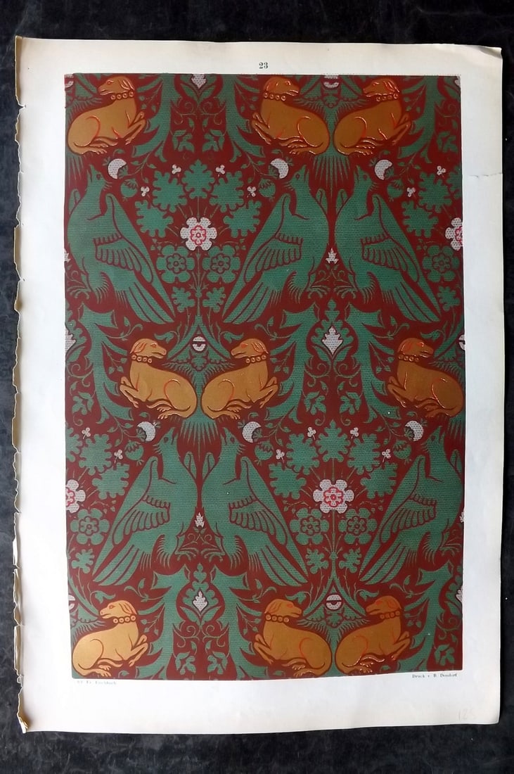 Fischbach, Frederick 1884 Folio Textile Print. Palermitan of the 13th Century 23: Folio Chromolithograph Published 1882-84, London for "Ornament of Textile Fabrics" by Frederick Fischbach. Scarce. Paper Size: 17 x 12 inch (43 x 30cm) Small magin tear. Good Condition