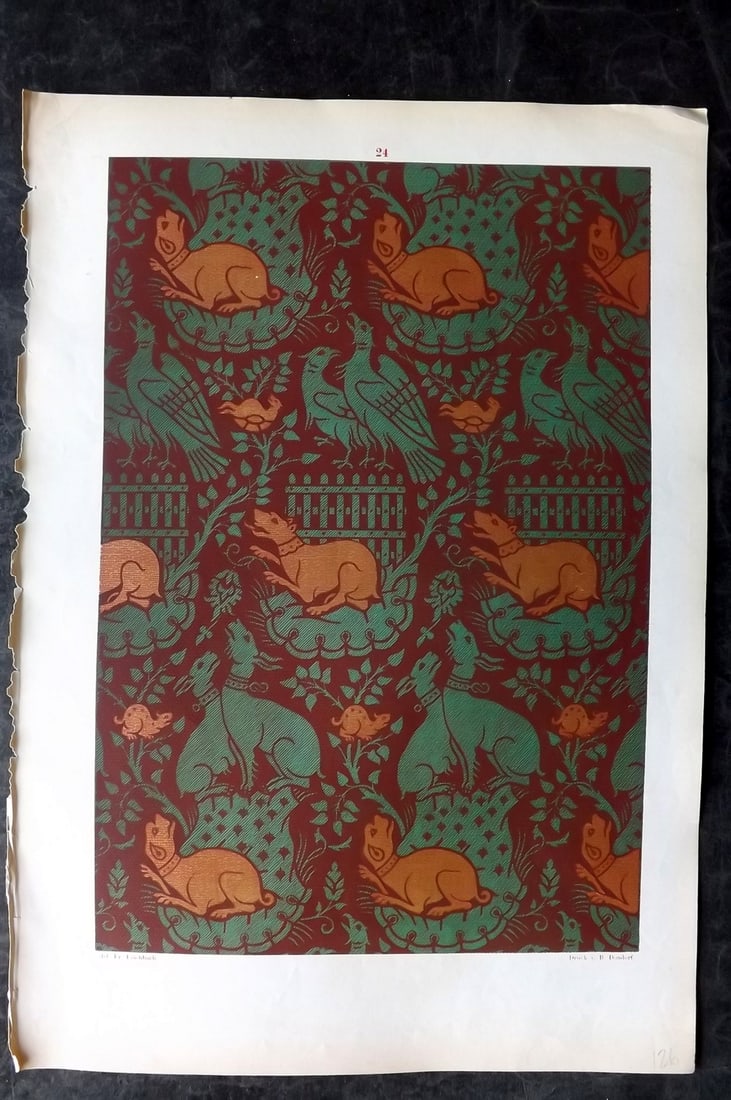 Fischbach, Frederick 1884 Folio Textile Print. Palermitan of the 13th Century 24: Folio Chromolithograph Published 1882-84, London for "Ornament of Textile Fabrics" by Frederick Fischbach. Scarce. Paper Size: 17 x 12 inch (43 x 30cm) Good Condition