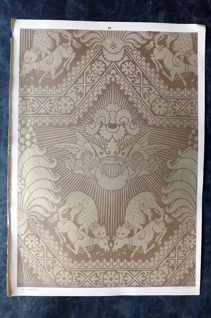 Fischbach, Frederick 1884 Folio Textile Print. Saracenic rich Gold tissue. 11th/12th Cent. 10: Folio Chromolithograph Published 1882-84, London for "Ornament of Textile Fabrics" by Frederick Fischbach. Scarce. Paper Size: 17 x 12 inch (43 x 30cm) Good Condition