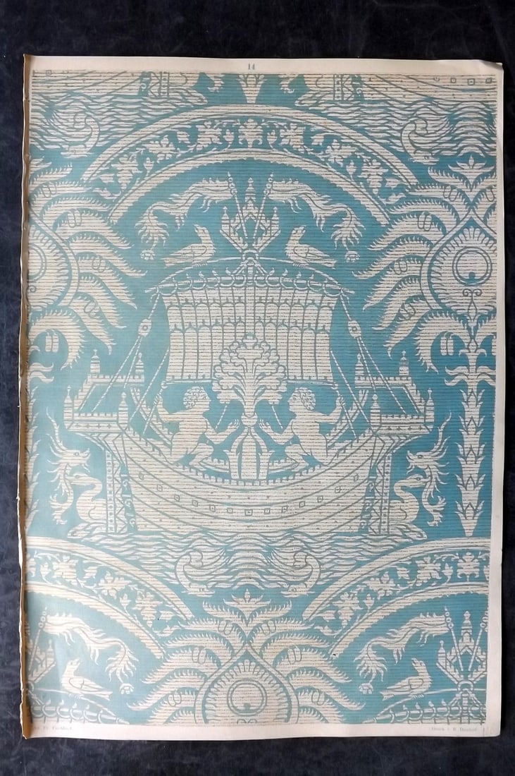 Fischbach, Frederick 1884 Folio Textile Print. Sicilian Fabric of the 12/13th Cent. 14: Folio Chromolithograph Published 1882-84, London for "Ornament of Textile Fabrics" by Frederick Fischbach. Scarce. Paper Size: 17 x 12 inch (43 x 30cm) Good Condition
