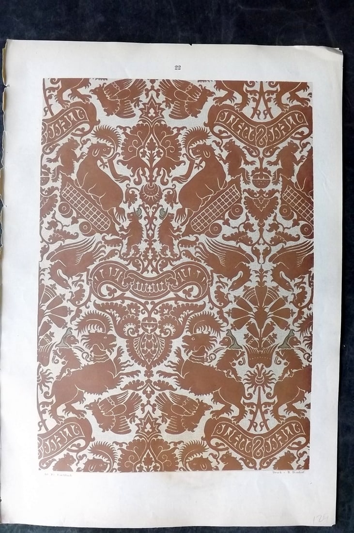 Fischbach, Frederick 1884 Folio Textile Print. Sicilian Fabric of the 13th Cent. 22: Folio Chromolithograph Published 1882-84, London for "Ornament of Textile Fabrics" by Frederick Fischbach. Scarce. Paper Size: 17 x 12 inch (43 x 30cm) Good Condition