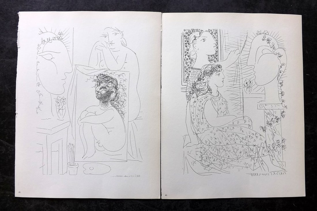 Picasso & Vollard 1956 Pair of Vintage Prints: Photogravures Published 1956, London for "Picasso's Vollard Suite" First English Edition of 100 Etchings created by Picasso between 1930-37. Printed on Good Quality Paper in Germany. Paper Size: 11 x 