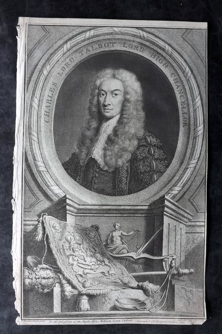 Rapin de Thoyras, Paul 1751 Folio Portrait. Charles Lord Talbot Lord High Chancellor by Houbracken: Copper Plate Published 1732-51, London for "The History of England" by Paul Rapin de Thoyras. Translated by Nicholas Tindal. Paper Size: 15.5 x 9.5 inch (39 x 24cm) Good condition