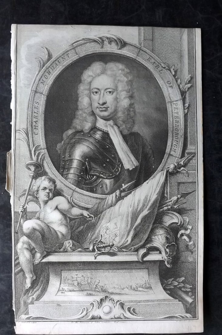 Rapin de Thoyras, Paul 1751 Folio Portrait. Charles Mordaunt Earl of Peterborough by Houbracken: Copper Plate Published 1732-51, London for "The History of England" by Paul Rapin de Thoyras. Translated by Nicholas Tindal. Paper Size: 15.5 x 9.5 inch (39 x 24cm) Good condition