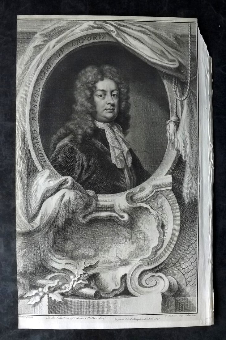 Rapin de Thoyras, Paul 1751 Folio Portrait. Edward Russell, Earl of Orford by Houbracken: Copper Plate Published 1732-51, London for "The History of England" by Paul Rapin de Thoyras. Translated by Nicholas Tindal. Paper Size: 15.5 x 9.5 inch (39 x 24cm) Small corner margin chip, otherwise