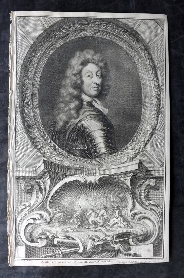 Rapin de Thoyras, Paul 1751 Folio Portrait. Frederick Duke of Schonbergb by Houbracken: Copper Plate Published 1732-51, London for "The History of England" by Paul Rapin de Thoyras. Translated by Nicholas Tindal. Paper Size: 15.5 x 9.5 inch (39 x 24cm) Good condition
