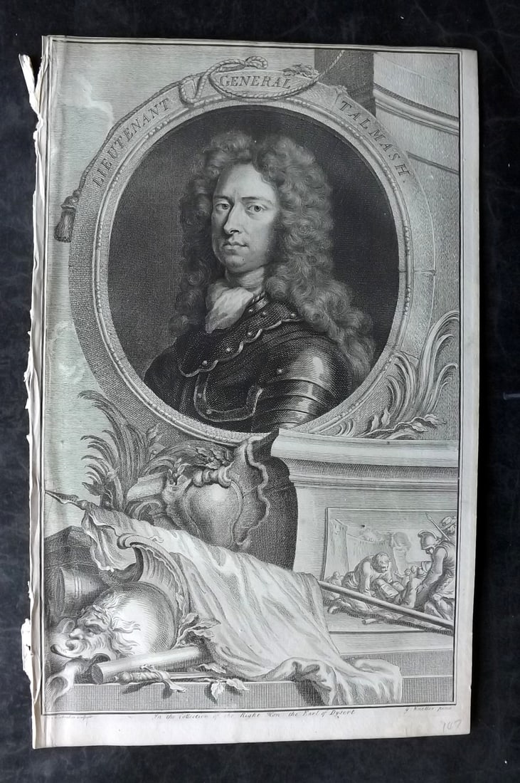 Rapin de Thoyras, Paul 1751 Folio Portrait. General Talmash by Houbracken: Copper Plate Published 1732-51, London for "The History of England" by Paul Rapin de Thoyras. Translated by Nicholas Tindal. Paper Size: 15.5 x 9.5 inch (39 x 24cm) Good condition