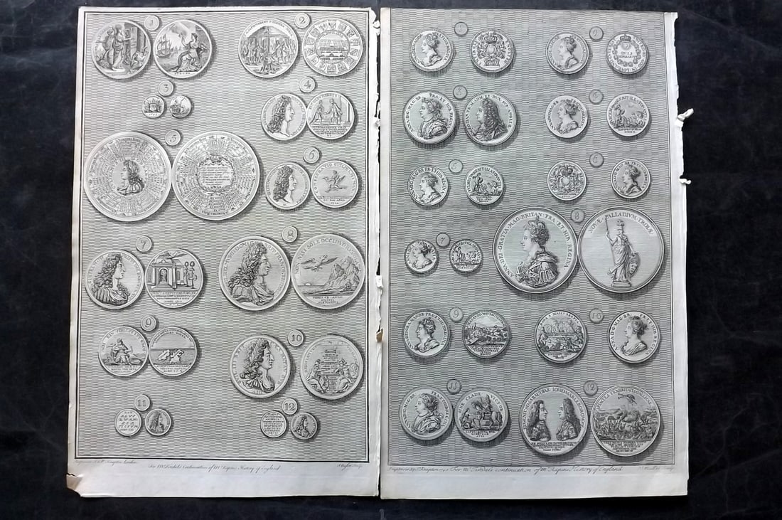 Rapin de Thoyras, Paul 1751 Pair of Folio Coins & Medals Prints (1 of 2)
