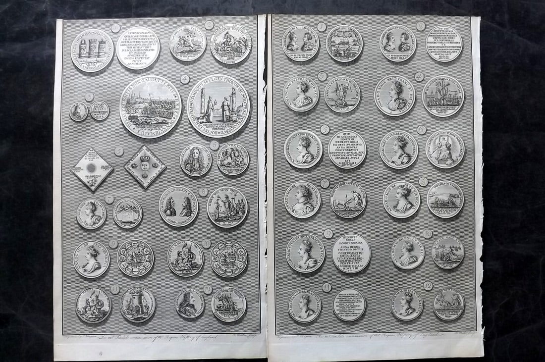 Rapin de Thoyras, Paul 1751 Pair of Folio Coins & Medals Prints (1 of 2)