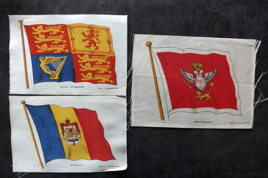 Silk Flags C1918 B. D. V.Cigarettes - Lot of 3 Montenegro, Romania, Royal Standard: Silk Flag Produced C1918 by B. D. V.Cigarettes during WW1. Size: 6 x 4.5 inch (16 x 12cm) Good Condition