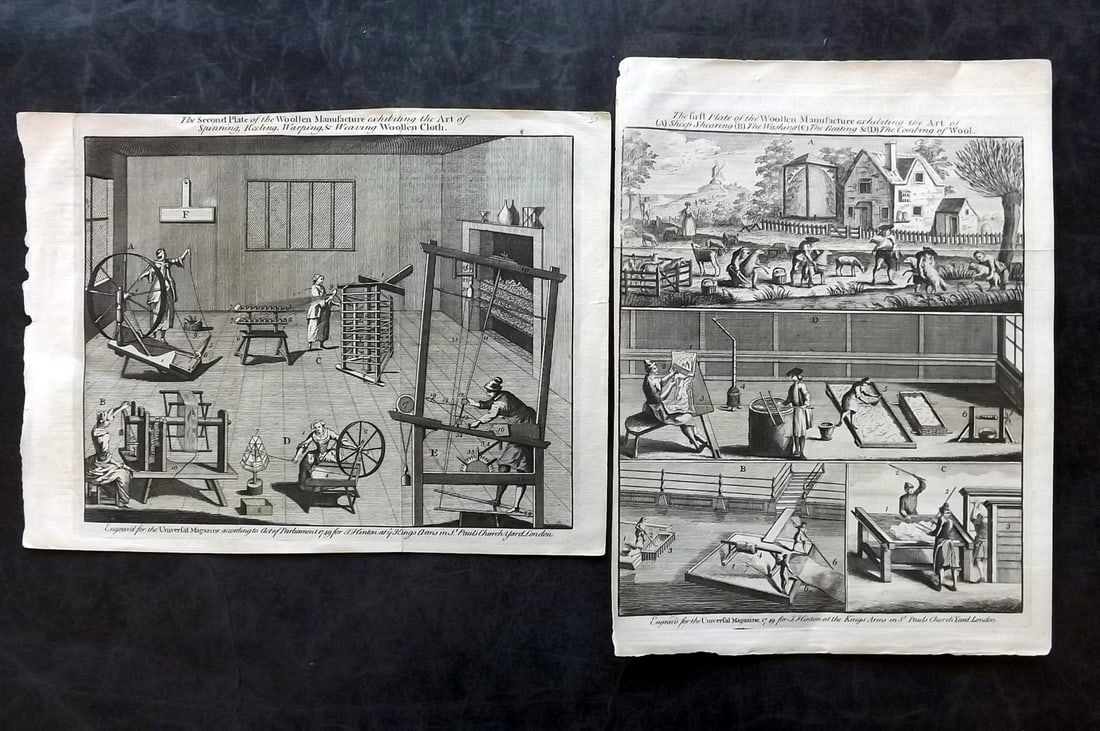 Universal Magazine C1750 Pair of Trades Prints. Woollen Manufacture (1 of 1)