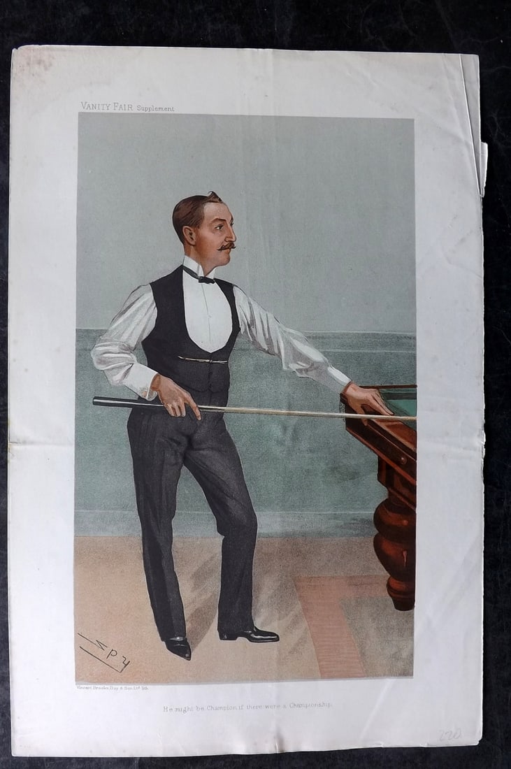 Vanity Fair Print 1905 Harry W Stevenson, Billiards: Chromolithograph Published 1869-1914, London for "Vanity Fair" Paper Size: 15 x 10 inch (38 x 25cm) Approx. Very minor margin wrinkle and very minor margin toning. Good Condition