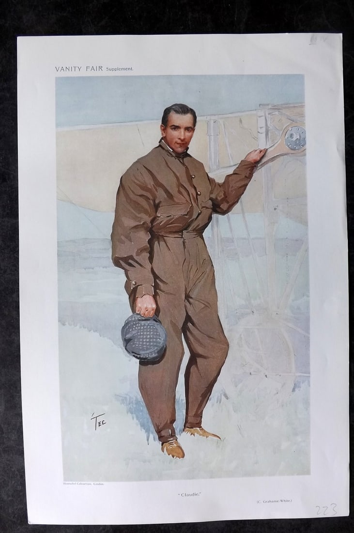 Vanity Fair Print 1911 Claude Graham-White, Aviator: Chromolithograph Published 1869-1914, London for "Vanity Fair" Paper Size: 15 x 10 inch (38 x 25cm) Approx. Good Condition