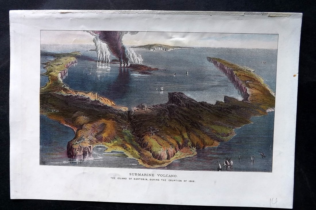 Pouchet, F. A. C1880 Print. Greece Santorini - Submarine Volcano: Color Printed Woodblock (Reverse side blank) Published C1880, London for "The Universe: Or, The Infinitely Great and The Infinitely Little" by F. A. Pouchet. Paper Size: 9 x 6 inch (23 x 15cm) Good Co