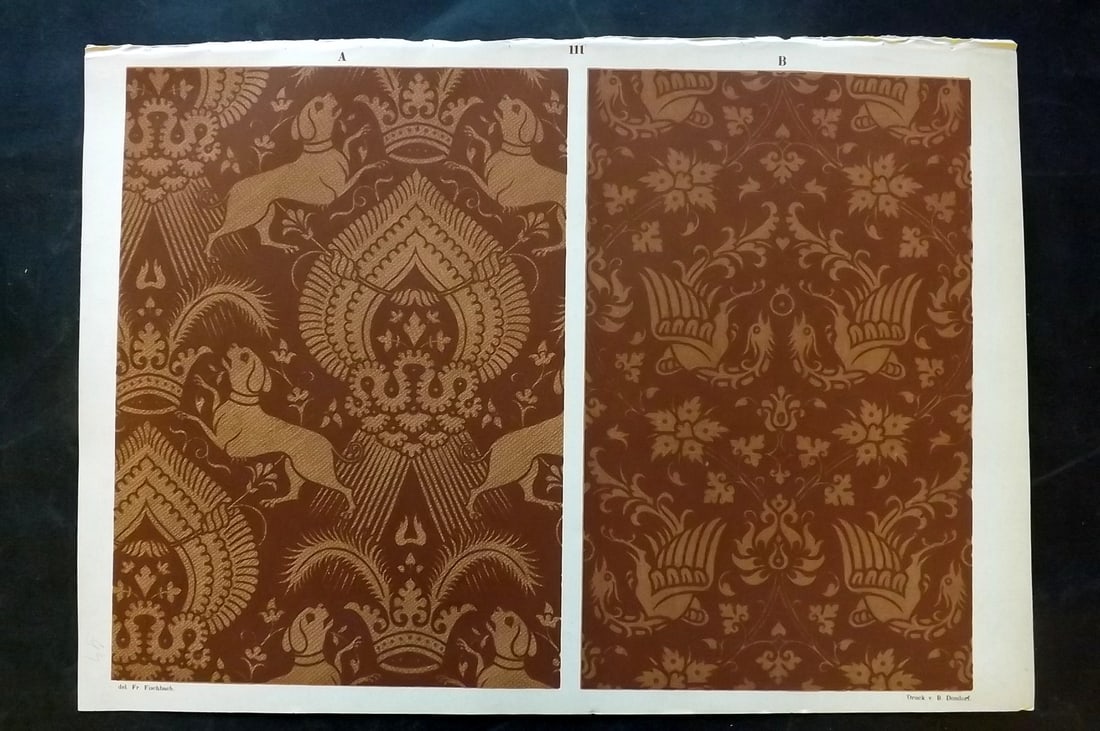 Fischbach, Frederick 1884 Folio Textile Print. Italian Fabrics of the 13th & 14th Cent. 111: Folio Chromolithograph Published 1882-84, London for "Ornament of Textile Fabrics" by Frederick Fischbach. Scarce. Paper Size: 17 x 12 inch (43 x 30cm) Good Condition