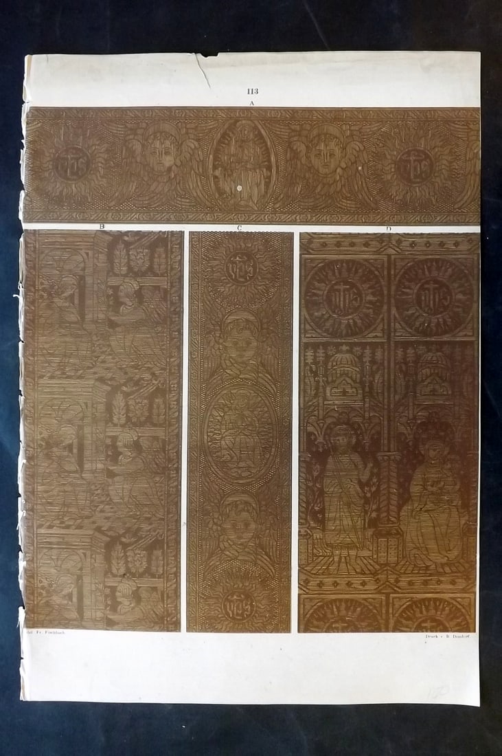 Fischbach, Frederick 1884 Folio Textile Print. Italian Gold Tissues of the 15th/16th Cent 113: Folio Chromolithograph Published 1882-84, London for "Ornament of Textile Fabrics" by Frederick Fischbach. Scarce. Paper Size: 17 x 12 inch (43 x 30cm) Small white spot on image. Small top margin tear