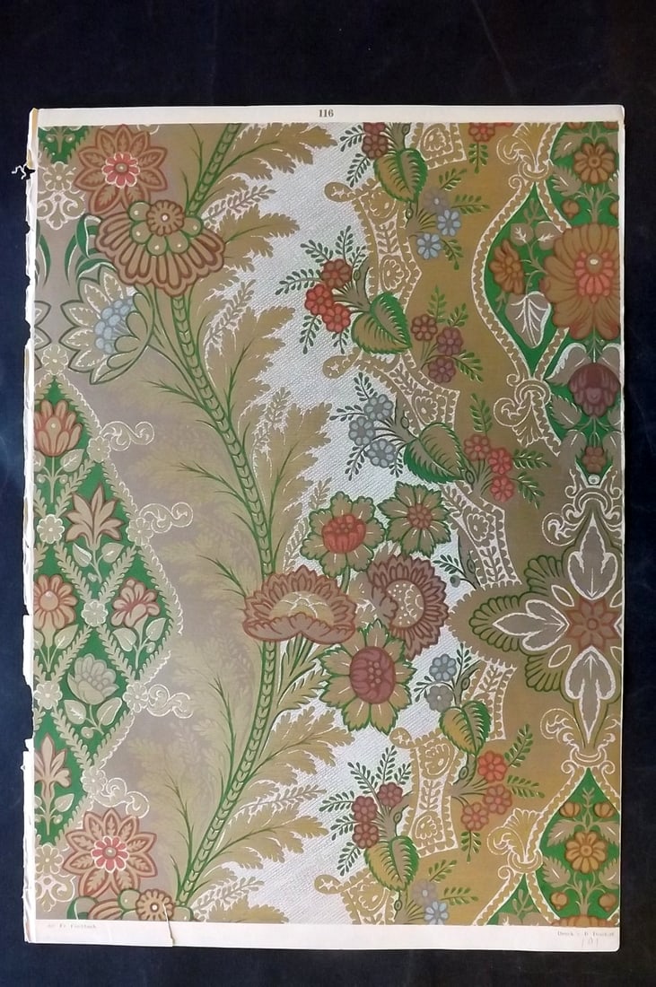 Fischbach, Frederick 1884 Folio Textile Print. Lucca Fabrics of the 13th Cent. 110: Folio Chromolithograph Published 1882-84, London for "Ornament of Textile Fabrics" by Frederick Fischbach. Scarce. Paper Size: 17 x 12 inch (43 x 30cm) Good Condition