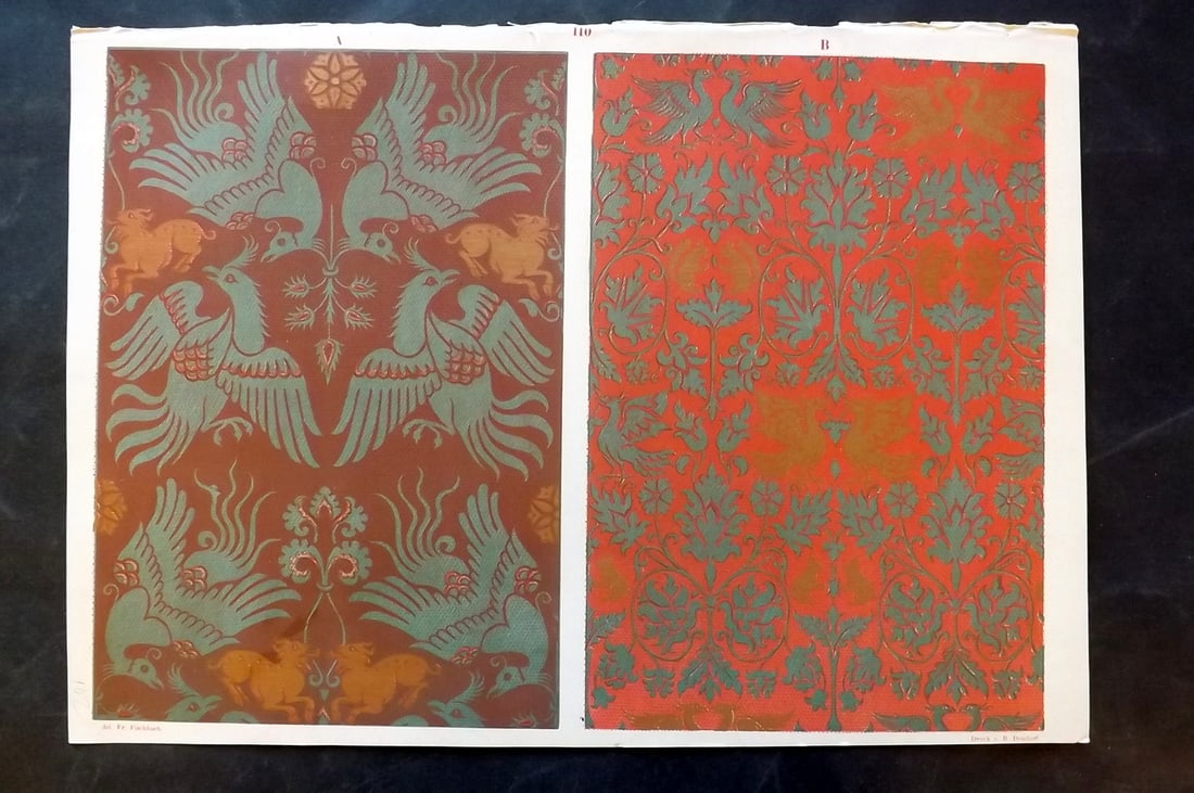 Fischbach, Frederick 1884 Folio Textile Print. Lyons Gold Brocade of the 17th & 18th Cent 116: Folio Chromolithograph Published 1882-84, London for "Ornament of Textile Fabrics" by Frederick Fischbach. Scarce. Paper Size: 17 x 12 inch (43 x 30cm) Good Condition