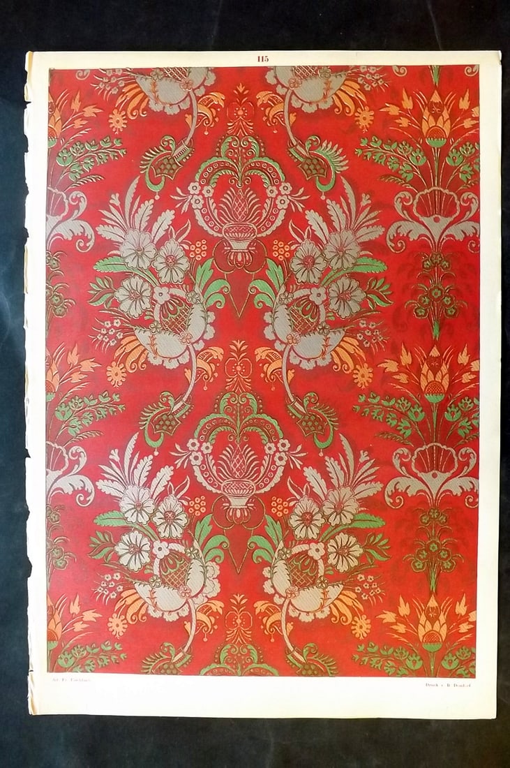 Fischbach, Frederick 1884 Folio Textile Print. Lyons Gold Brocade of the 17th Cent 115: Folio Chromolithograph Published 1882-84, London for "Ornament of Textile Fabrics" by Frederick Fischbach. Scarce. Paper Size: 17 x 12 inch (43 x 30cm) Good Condition