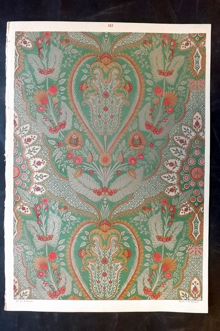Fischbach, Frederick 1884 Folio Textile Print. Lyons Silver Brocade of the 17th & 18th Cent 112: Folio Chromolithograph Published 1882-84, London for "Ornament of Textile Fabrics" by Frederick Fischbach. Scarce. Paper Size: 17 x 12 inch (43 x 30cm) Good Condition