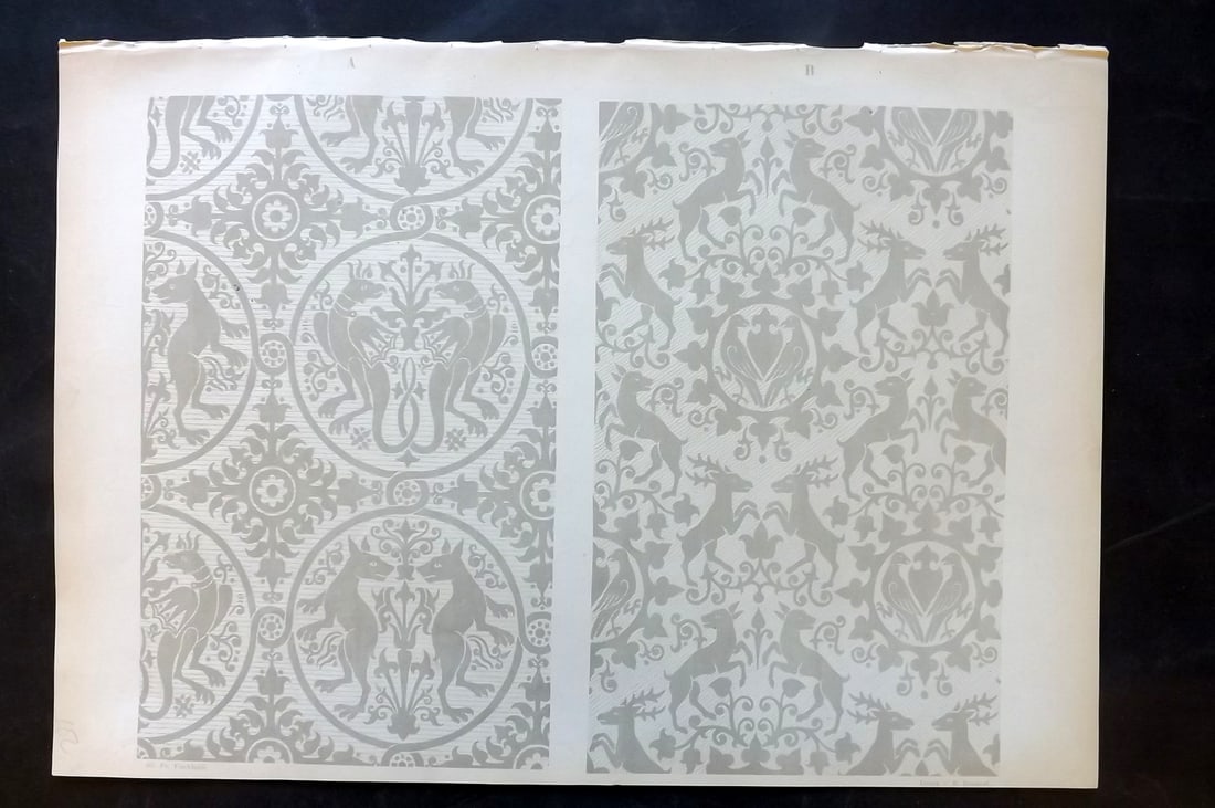 Fischbach, Frederick 1884 Folio Textile Print. Patterns on Italian Paintings 13th/14th Cent. 109: Folio Chromolithograph Published 1882-84, London for "Ornament of Textile Fabrics" by Frederick Fischbach. Scarce. Paper Size: 17 x 12 inch (43 x 30cm) Good Condition