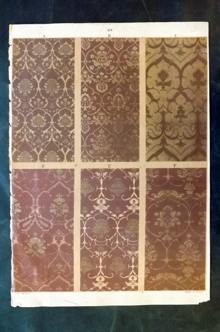 Fischbach, Frederick 1884 Folio Textile Print. Velvet Fabrics of the 14th and 15th Century 114: Folio Chromolithograph Published 1882-84, London for "Ornament of Textile Fabrics" by Frederick Fischbach. Scarce. Paper Size: 17 x 12 inch (43 x 30cm) A couple of pinholes in centre, otherwise Good C