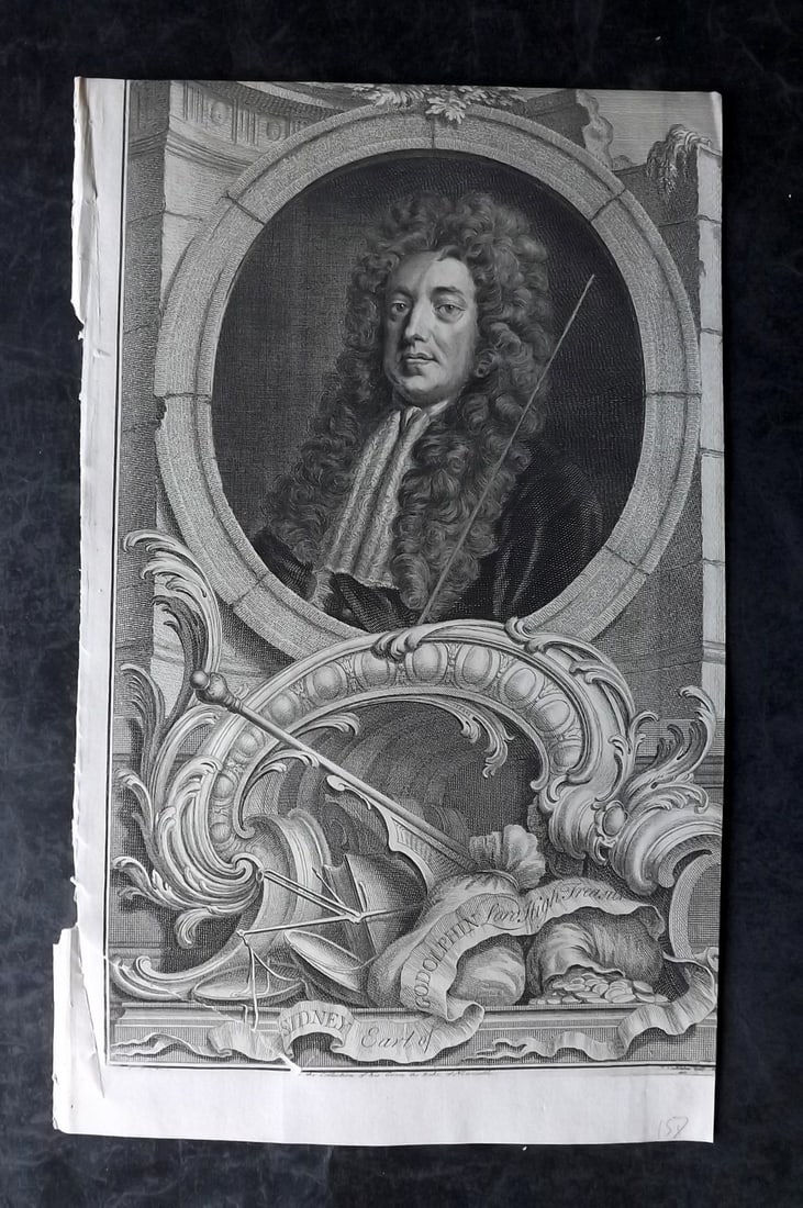 Rapin de Thoyras, Paul 1751 Folio Portrait. Sidney Earl of Godolphin by Houbracken: Copper Plate Published 1732-51, London for "The History of England" by Paul Rapin de Thoyras. Translated by Nicholas Tindal. Paper Size: 15.5 x 9.5 inch (39 x 24cm) Tear at bottom causing slight surfa