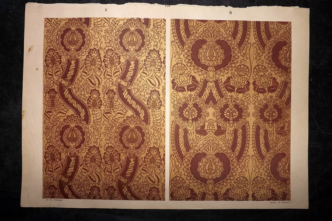 Fischbach, Frederick 1884 Folio Textile Print. Genoese Velvet Brocades.15th Cent 121: Folio Chromolithograph Published 1882-84, London for "Ornament of Textile Fabrics" by Frederick Fischbach. Scarce. Paper Size: 17 x 12 inch (43 x 30cm) Good Condition