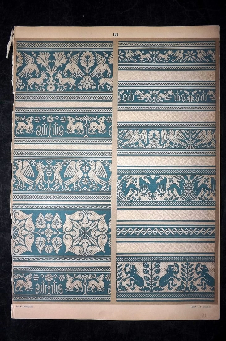 Fischbach, Frederick 1884 Folio Textile Print. Linen Covers woven in Germany. 14th-17th Cent. 122: Folio Chromolithograph Published 1882-84, London for "Ornament of Textile Fabrics" by Frederick Fischbach. Scarce. Paper Size: 17 x 12 inch (43 x 30cm) Tight left margin, slightly affecting image. Goo