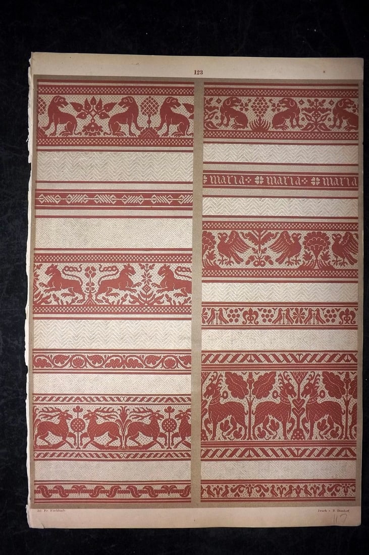 Fischbach, Frederick 1884 Folio Textile Print. Linen Covers woven in Germany. 14th-17th Cent. 123: Folio Chromolithograph Published 1882-84, London for "Ornament of Textile Fabrics" by Frederick Fischbach. Scarce. Paper Size: 17 x 12 inch (43 x 30cm) Good Condition