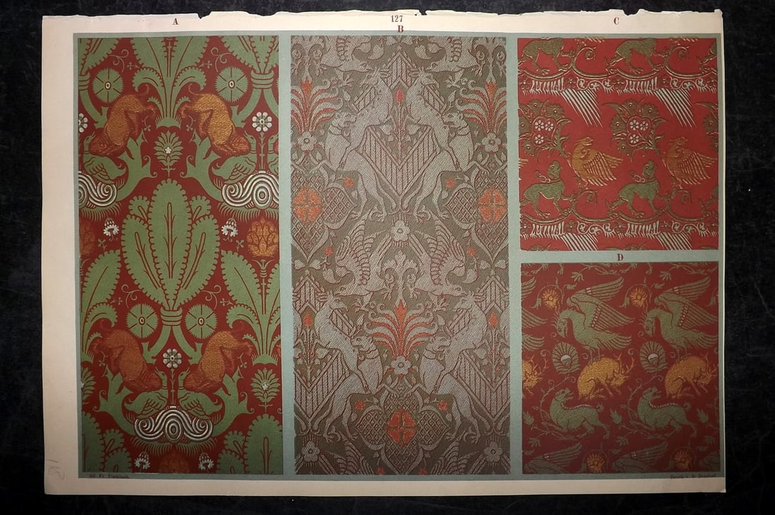Fischbach, Frederick 1884 Folio Textile Print. Lucca Tissues of the 13th Century 127: Folio Chromolithograph Published 1882-84, London for "Ornament of Textile Fabrics" by Frederick Fischbach. Scarce. Paper Size: 17 x 12 inch (43 x 30cm) Good Condition