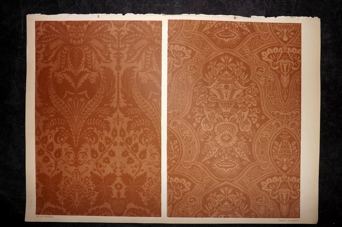 Fischbach, Frederick 1884 Folio Textile Print. Lyons Silk Damasks of the 17th and 18th Cent. 124: Folio Chromolithograph Published 1882-84, London for "Ornament of Textile Fabrics" by Frederick Fischbach. Scarce. Paper Size: 17 x 12 inch (43 x 30cm) Good Condition