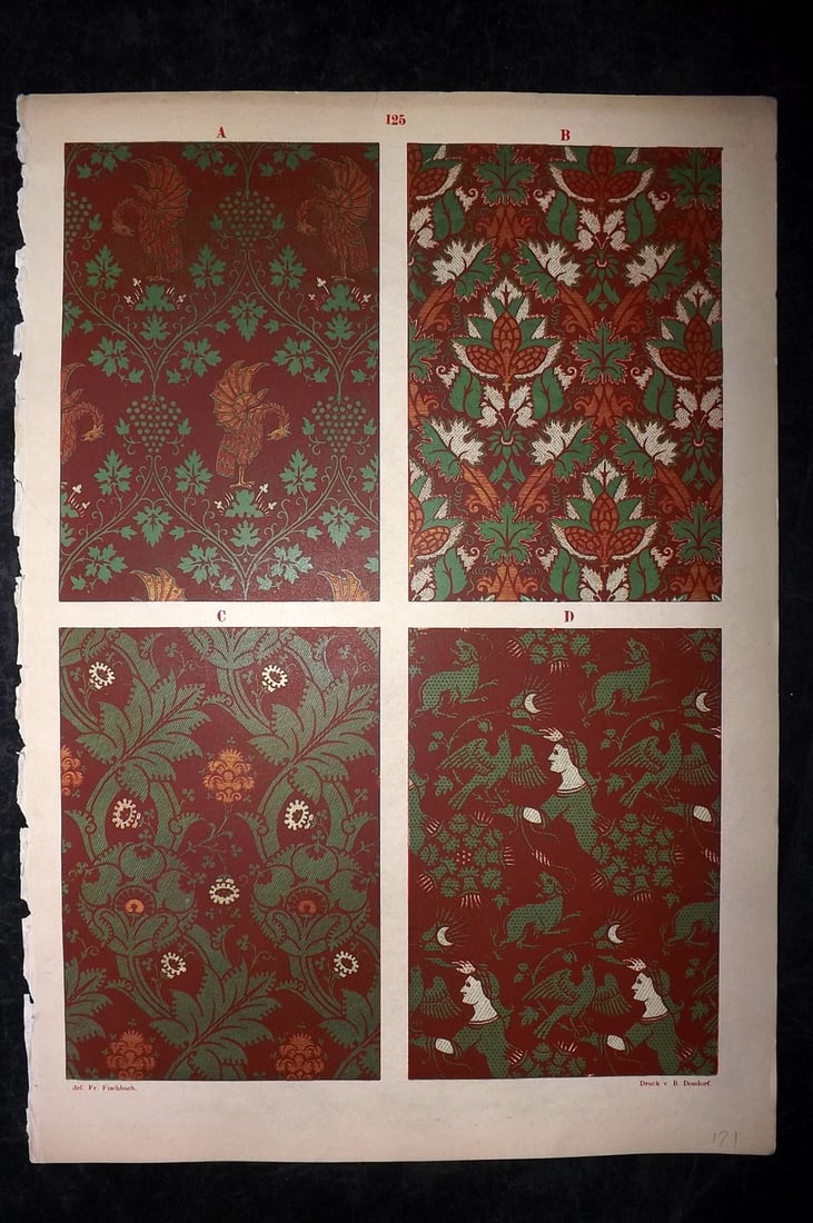Fischbach, Frederick 1884 Folio Textile Print. North Italian Tissues, Lucca Fabric. 14-15th Cent 125: Folio Chromolithograph Published 1882-84, London for "Ornament of Textile Fabrics" by Frederick Fischbach. Scarce. Paper Size: 17 x 12 inch (43 x 30cm) Good Condition