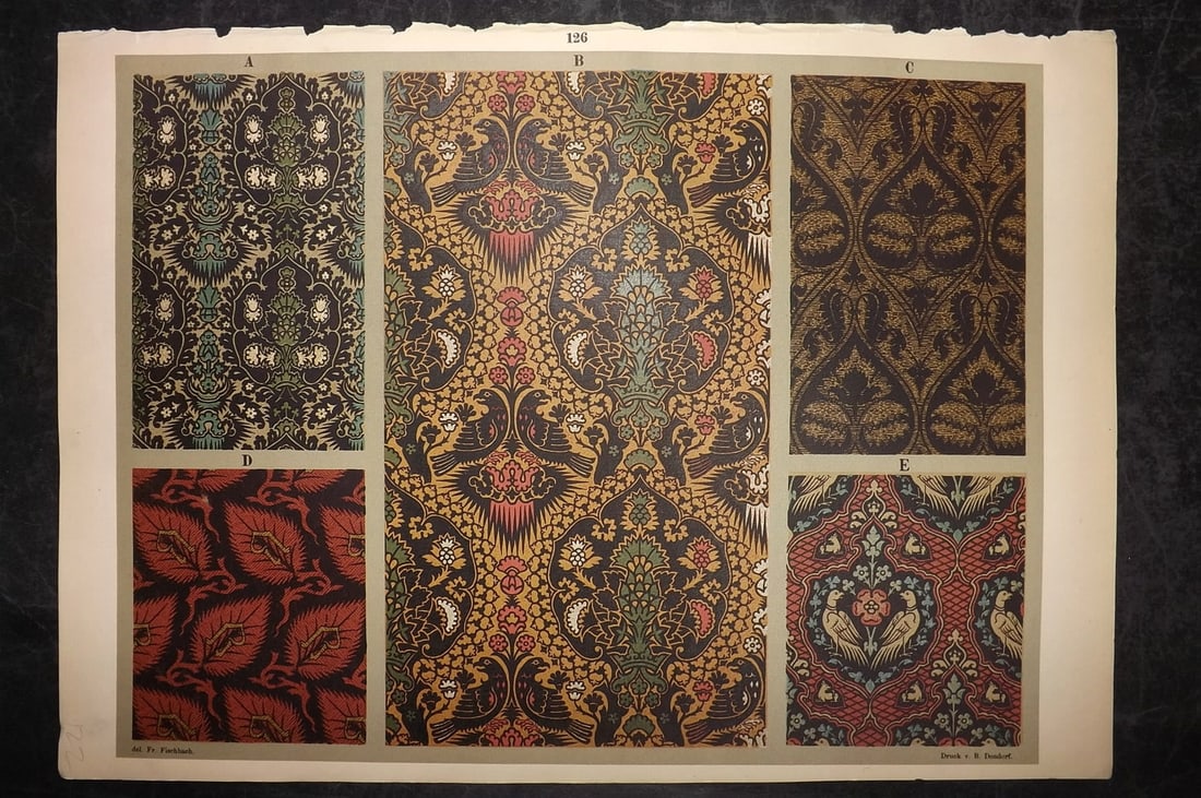Fischbach, Frederick 1884 Folio Textile Print. North Italian Velvet fabrics of the 15th Cent 126: Folio Chromolithograph Published 1882-84, London for "Ornament of Textile Fabrics" by Frederick Fischbach. Scarce. Paper Size: 17 x 12 inch (43 x 30cm) Good Condition