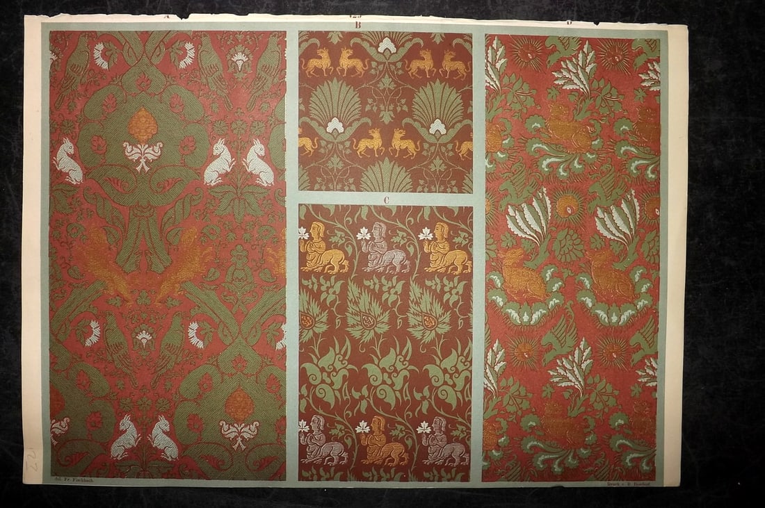 Fischbach, Frederick 1884 Folio Textile Print. Sicilian-Saracenic tissues of the 13th Cent 129: Folio Chromolithograph Published 1882-84, London for "Ornament of Textile Fabrics" by Frederick Fischbach. Scarce. Paper Size: 17 x 12 inch (43 x 30cm) Good Condition