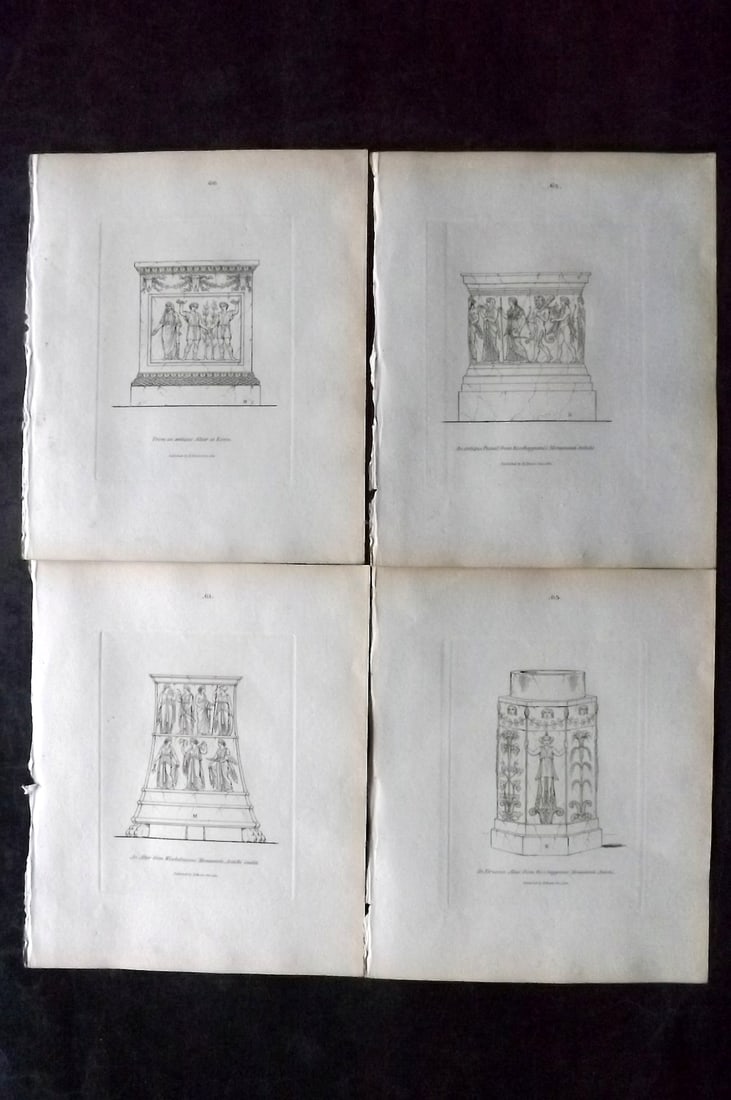 Moses, Henry 1814 Lot of 4 Prints. Altars: Etching Published Published 1814, London for "A Collection of Antique Vases..." First Edition by Henry Moses. Paper Size: 8 x 7 inch (21 x 18cm) Good Condition overall
