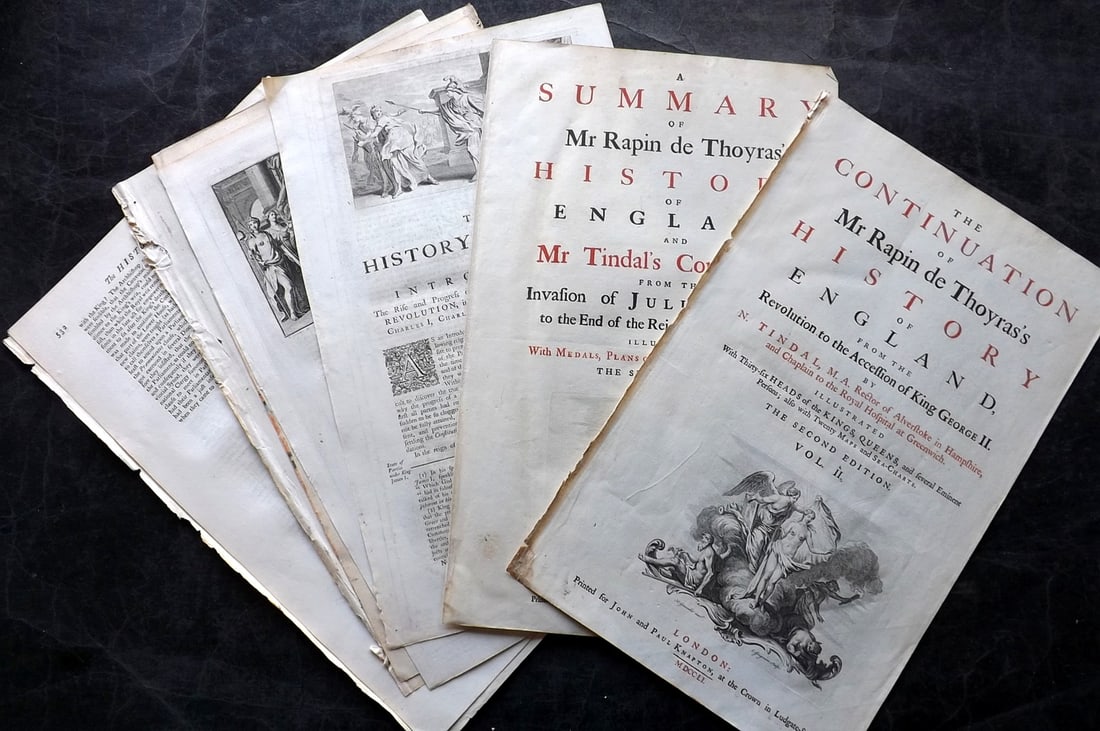 Rapin de Thoyras, Paul 1751 History of England Illus Titles + 8 Text Engravings: Itwo Illus. Titles plus 8 Text Engravings/Woodcut Initials. Copper Plates Published 1732-51, London for "The History of England" by Paul Rapin de Thoyras. Translated by Nicholas Tindal. Paper Size: 15
