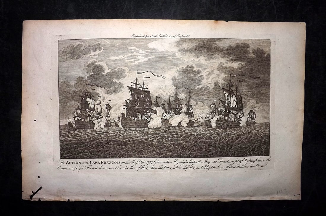 Russell, William 1779 Folio Ship Print. Action near Cape Francois 1757 (1 of 2)