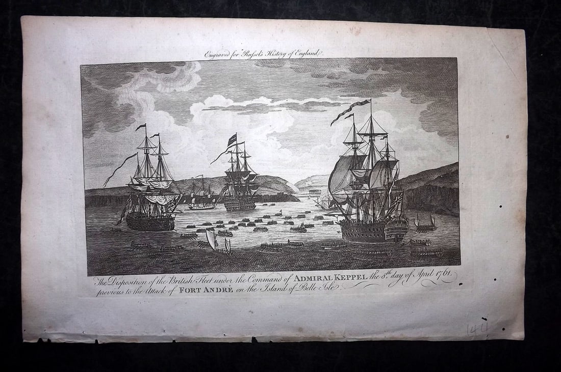 Russell, William 1779 Folio Ship Print. British Fleet, Admiral Keppel, France, 1761: Folio Copper Plate Published 1779, London for "A New and Authentic History of England" [Russell's History of England] by William Augustus Russell. Paper Size: 15 x 9 inch (38 x 23cm) Some small holes 