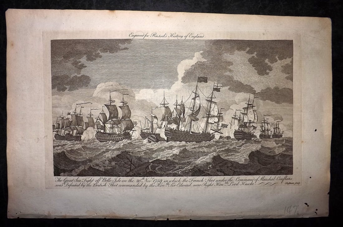 Russell, William 1779 Folio Ship Print. Naval Fight at Belle Isle, France, 1759 (1 of 2)