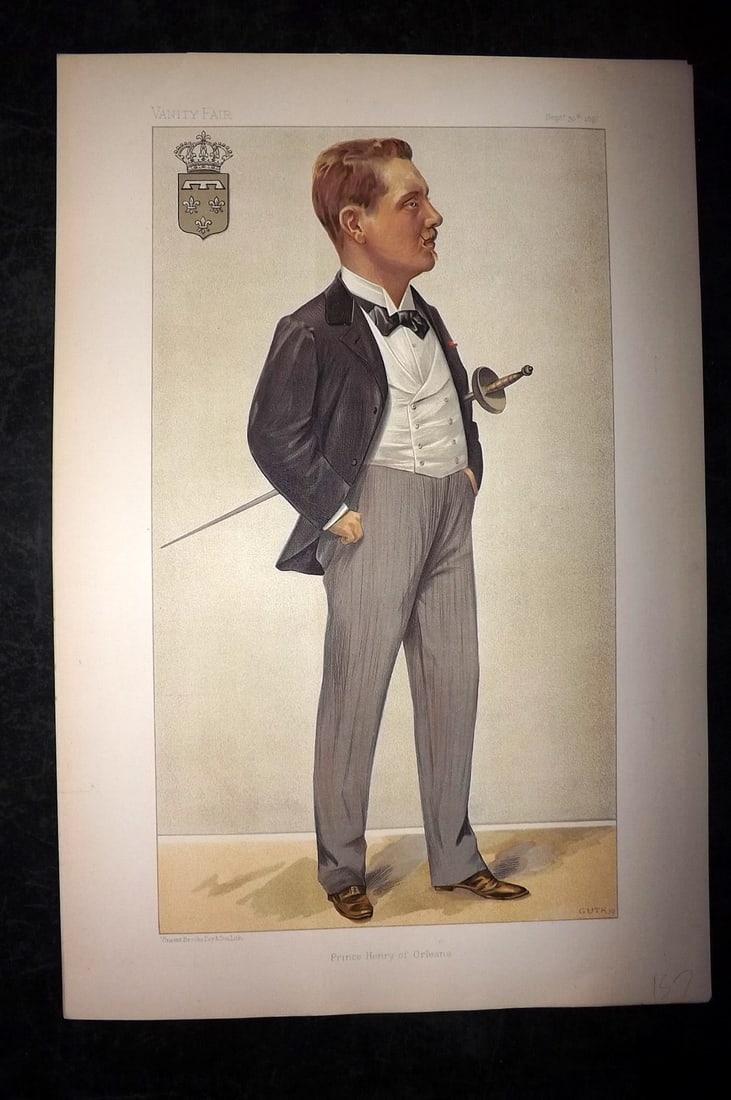 Vanity Fair Print 1897 Henry of Orleans, Sword Fencing: Chromolithograph Published 1869-1914, London for "Vanity Fair" Paper Size: 15 x 10 inch (38 x 25cm) Approx. Good Condition