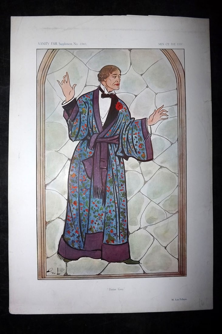 Vanity Fair Print 1913 Lou Tellegen as Dorian Gray, Theater: Chromolithograph Published 1869-1914, London for "Vanity Fair" Paper Size: 15 x 10 inch (38 x 25cm) Approx. A few tiny margin edge tears and minor marks in margin. Good Condition