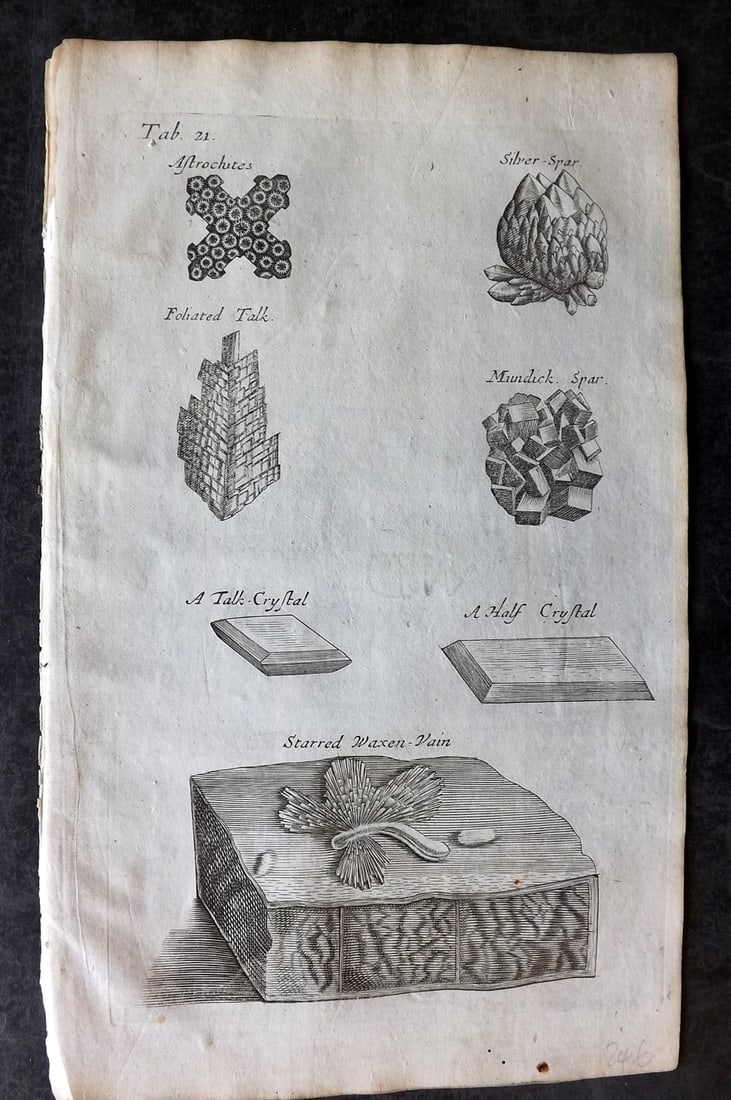 Grew, Nehemiah 1681 Print. Crystal, Mineral, Fossils: Copper Plate Published 1681, London for "Musaeum Regalis Societatis, or, A catalogue & description of the natural and artificial rarities belonging to the Royal Society and preserved at Gresham" by Ne