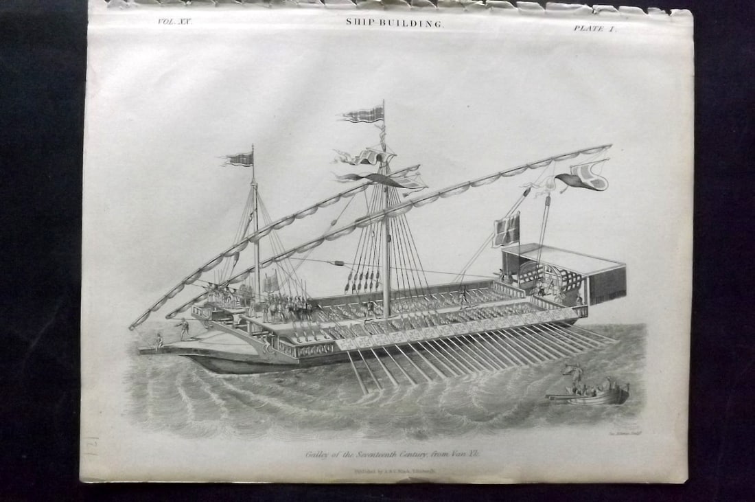 Encyclo. Brit 1850's Ship Print. Gallery of the Seventeenth Century from Van Yk: Steel Engraving Published 1853-60 by A & C Black, Edinburgh & London for "Encyclopaedia Britannica" Eighth Edition. Paper Size: 10.5 x 8 inch (27 x 21cm) Good Condition
